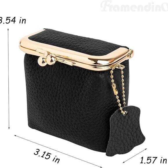 Vintage Black Leather Kiss Lock Coin Purse - Compact Portable Mini Wallet for Tr - Picture 3 of 8